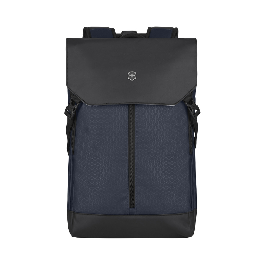 Blauer Rucksack mit schwarzem Deckel und Reißverschluss, geometrisches Muster