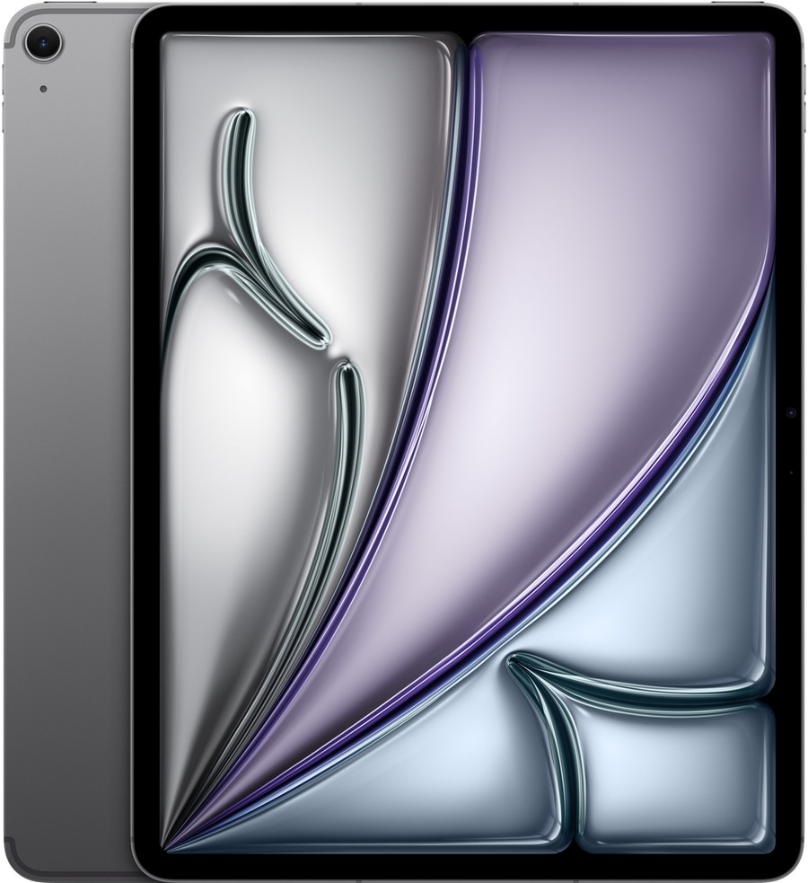 Ein silbernes Tablet mit einem abstrakten, metallischen Hintergrund auf dem Bildschirm.