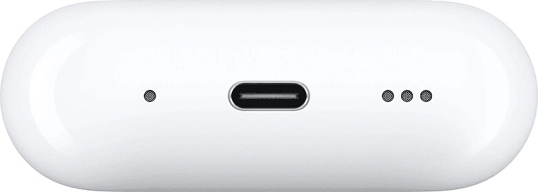 Weißes Ladecase mit USB-C-Anschluss und drei kleinen Punkten und einem einzelnen Punkt.