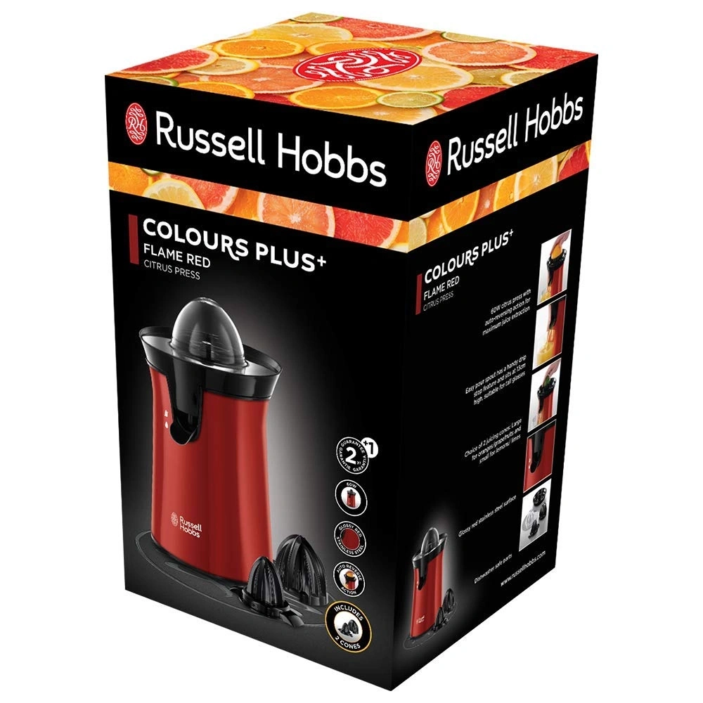 Russell Hobbs Citruspresse, rot, mit 2 Kegeln, für Orangen und Grapefruits.