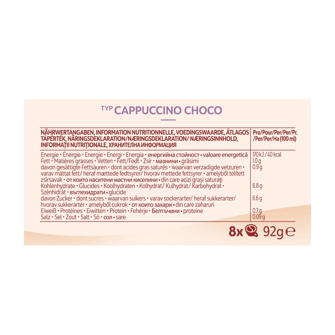Nährwertangaben für Cappuccino Schoko pro 100g und pro Portion.