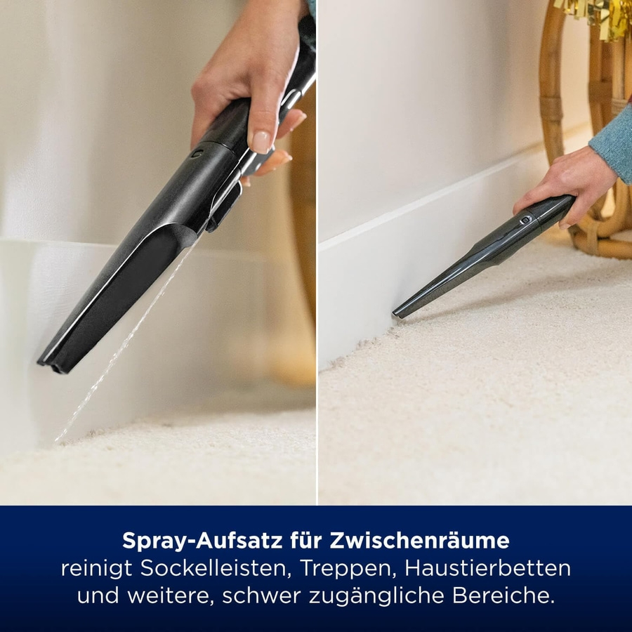 Spray-Aufsatz reinigt Sockelleisten, Treppen, Haustierbetten und schwer zugängliche Bereiche.