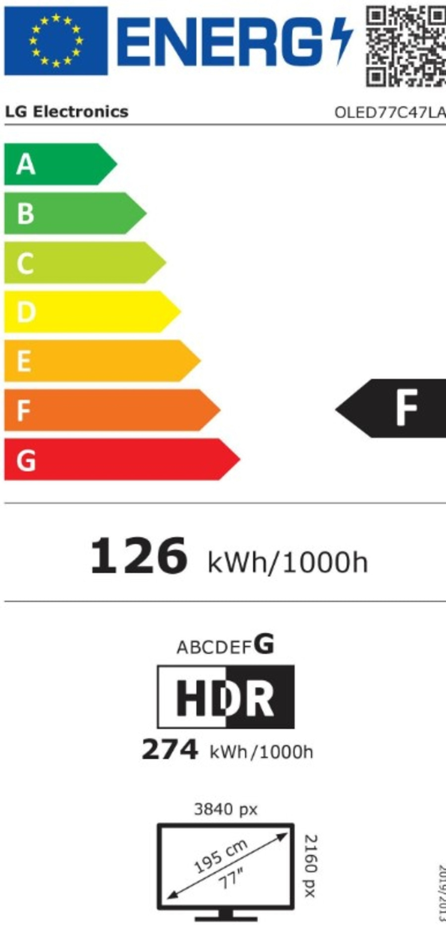 Energieetikett für LG OLED77C47LA Fernseher, Energieeffizienzklasse F, 126 kWh/1000h