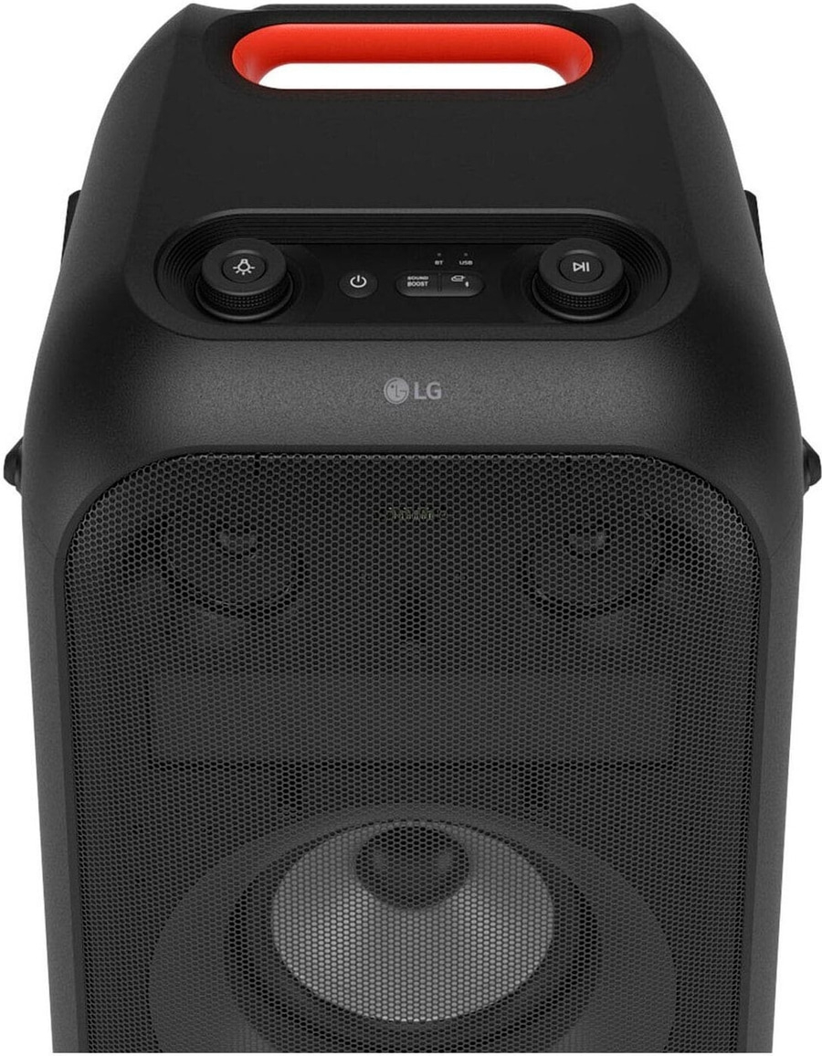 Schwarzer Lautsprecher mit rotem Griff und LG-Logo. Mesh-Gitter-Design.
