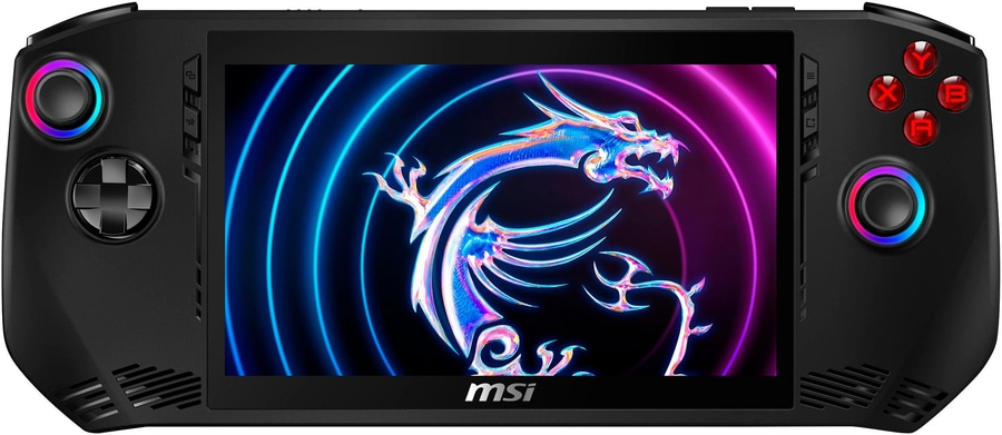 MSI Claw Handheld-Konsole, schwarzes Design, Gaming-Gerät, Dragon-Logo, blaue und rote Akzente