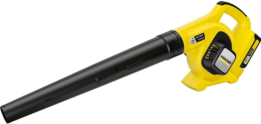 Gelbes Kärcher-Gebläse mit schwarzem Rohr und 18V-Batterie, ideal für den Garten.