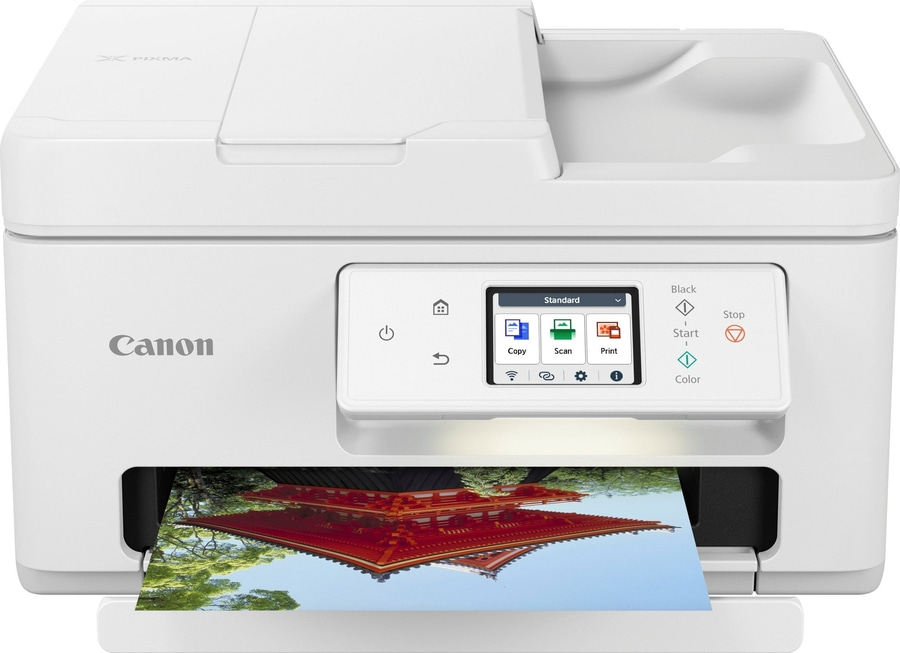 Weißer Canon Pixma Drucker mit Farbbildschirm und gedrucktem Foto