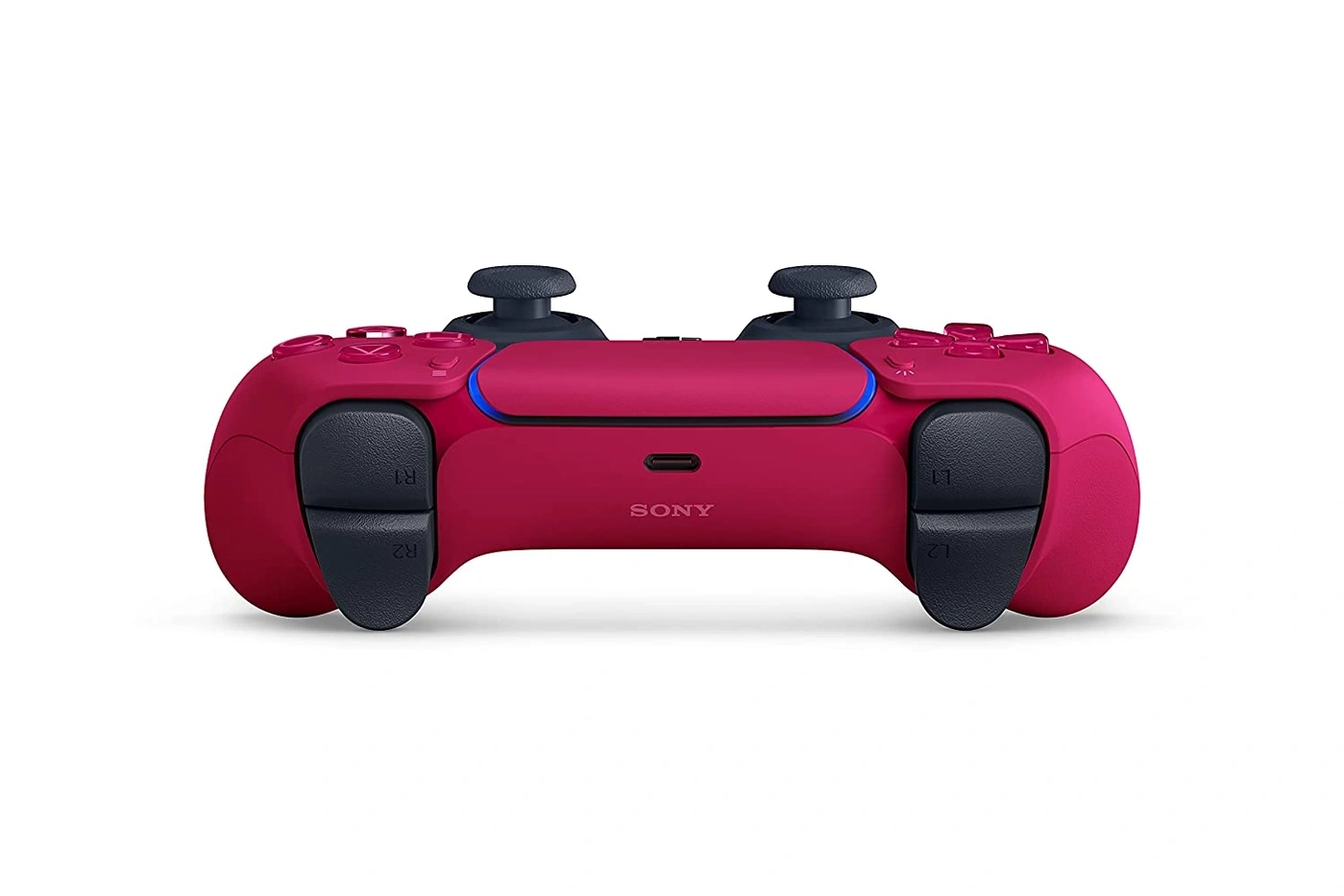 Rückansicht eines roten Playstation 5 DualSense-Controllers mit Sony-Logo.