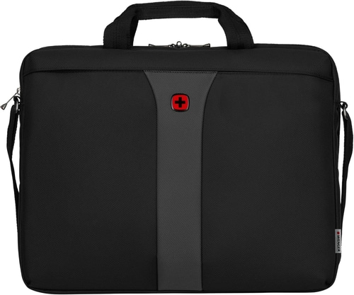 Schwarze Laptoptasche mit rotem Kreuz und Griff, von Wenger.