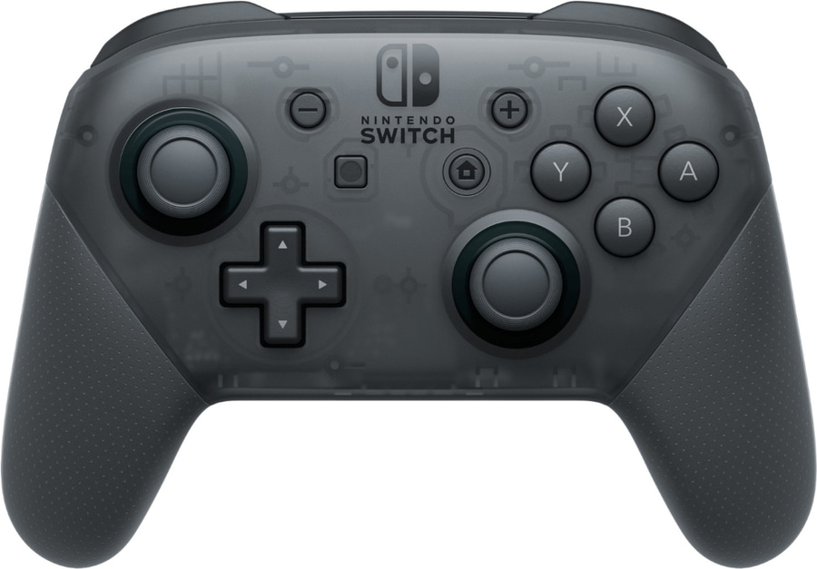 Grauer Nintendo Switch Pro Controller. Knöpfe, Joysticks und Logo.