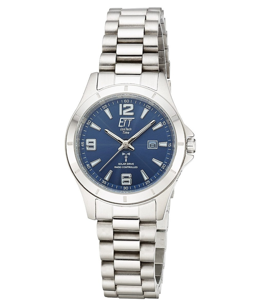 Edler Herrenarmbanduhr mit blauem Zifferblatt und silbernem Armband.