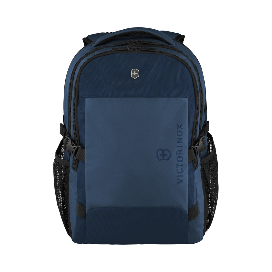 Blauer Victorinox-Rucksack mit Logo und schwarzem Netz an den Seiten