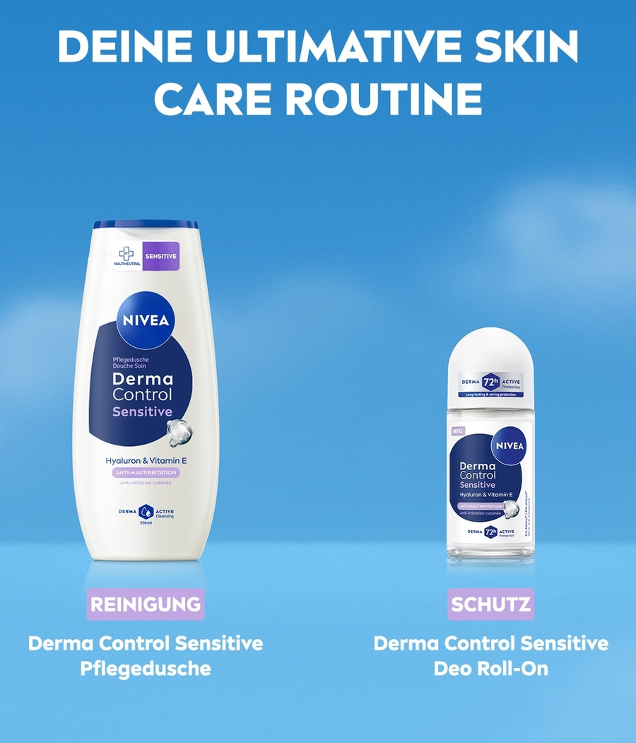 Nivea Derma Control Sensitive Pflegebad und Deo Roll-On mit Hyaluron & Vitamin E.