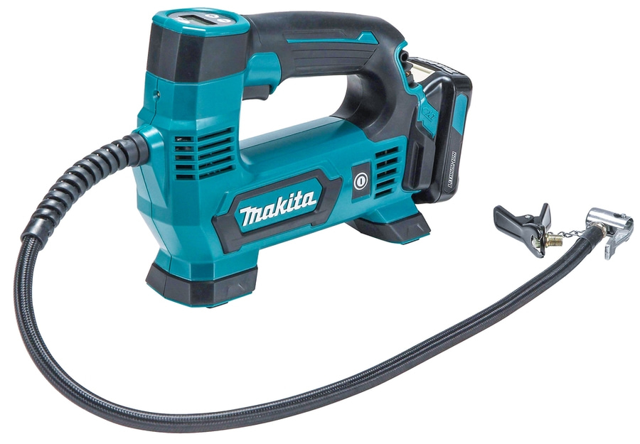 Makita Akku-Luftpumpe, blau-türkis, mit Schlauch und Klemmen, Akku-betrieben