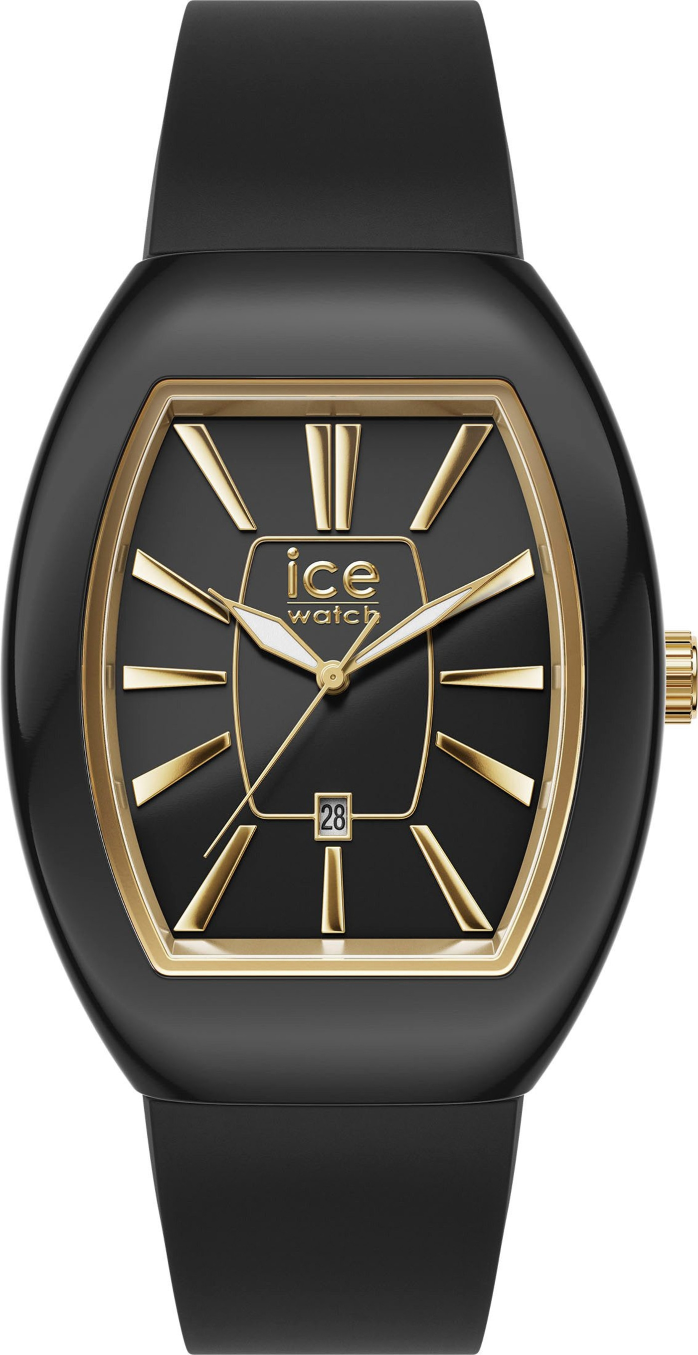 Schwarze Ice Watch Uhr mit goldenen Details und Datumsanzeige am Handgelenk