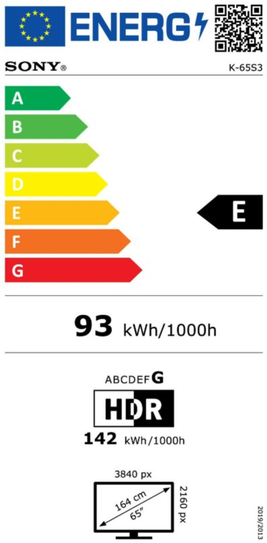 Energieetikett für Fernseher von Sony, Energieeffizienzklasse E, 93 kWh/1000h, HDR.