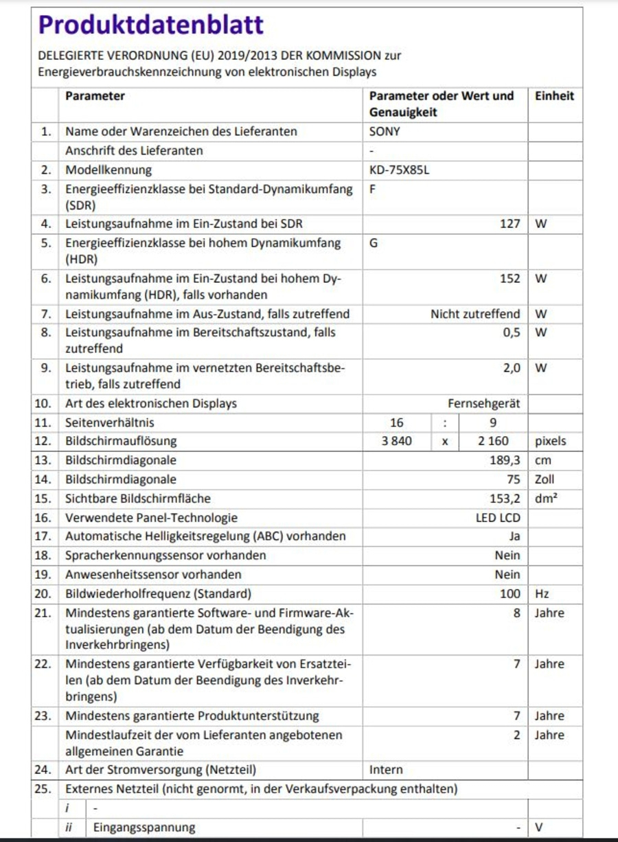 Produktdatenblatt mit technischen Spezifikationen für elektronische Displays von SONY.