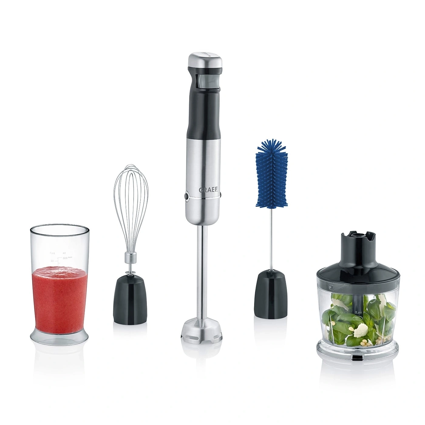 Graef Stabmixer-Set mit Zubehör, Glas, Schneebesen, Bürste und Behälter.