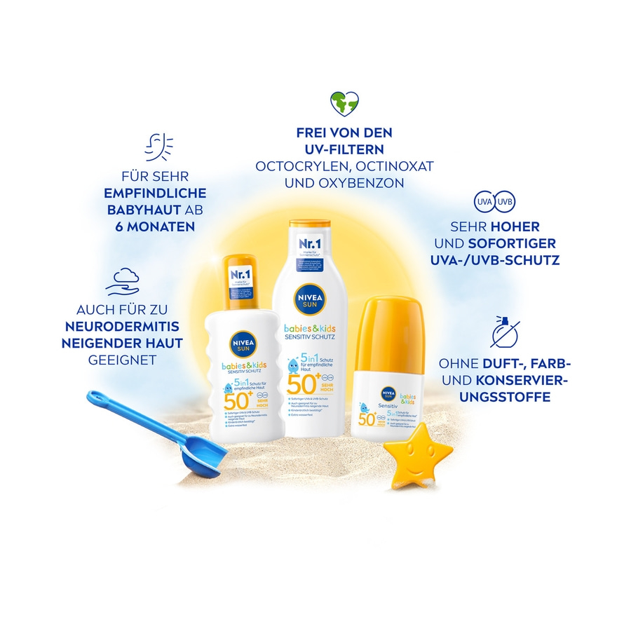 NIVEA SUN 5in1 Sonnen-Roller Babies & Kids Sensitiv LSF 50+ Sonnenschutz 2x 50ml