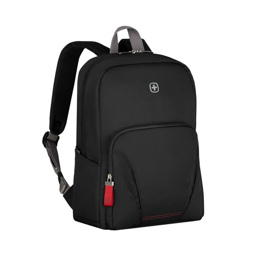 Schwarzer Rucksack mit rotem Reißverschluss und Schweizer Kreuz Logo