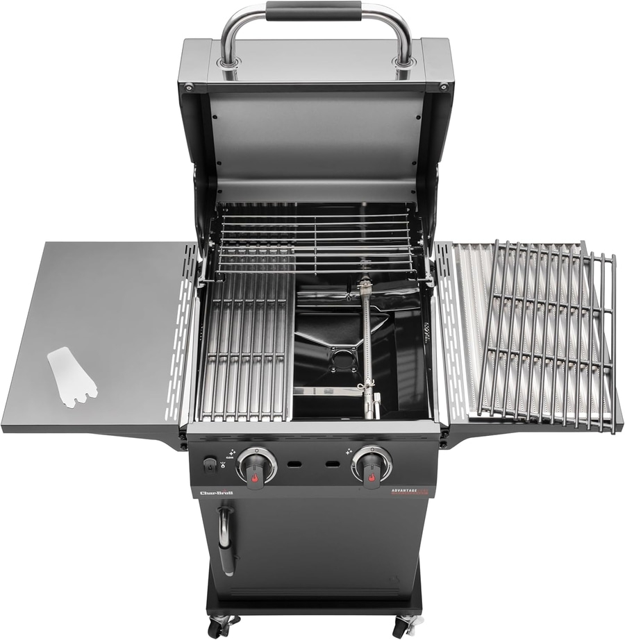 Grill von oben, offen, mit zwei Seitenablagen und Bedienelementen.