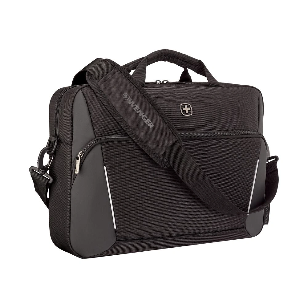 Schwarze Wenger-Laptoptasche mit Schultergurt und Reißverschluss, Logo