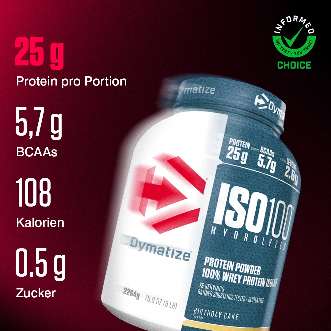 Dymatize ISO 100 Proteinpulver, 25g Protein, 108 Kalorien, 0,5g Zucker.