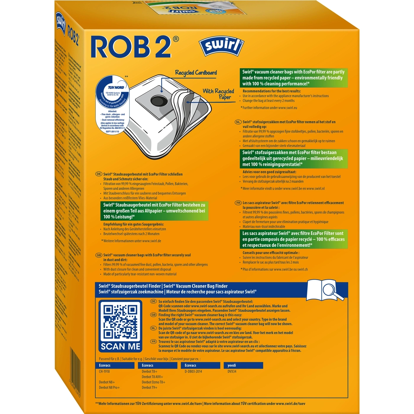 Swirl Staubsaugerbeutel ROB2 Packung mit QR-Code, Produktinformationen und Zertifizierungen.