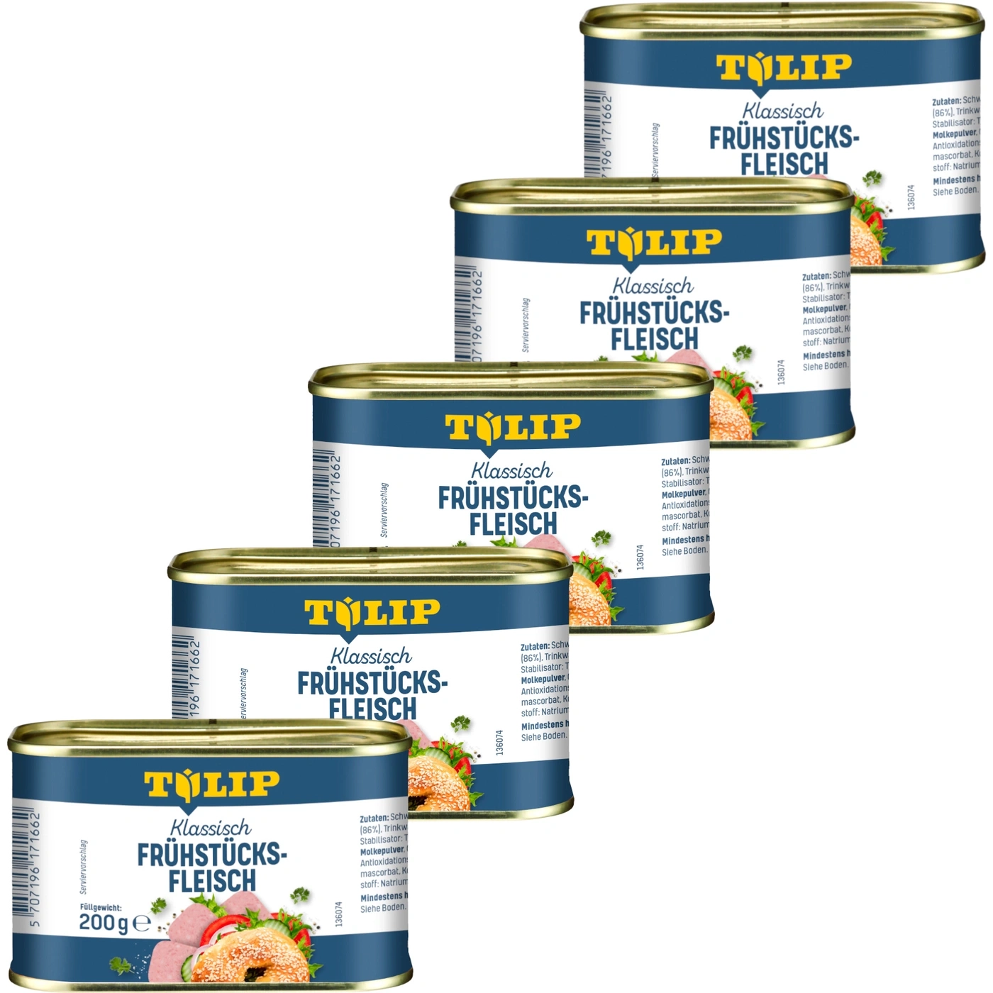 Mehrere Dosen Frühstücksfleisch der Marke Tulip, Klassisch, 200g, mit Zutatenliste und Barcode.