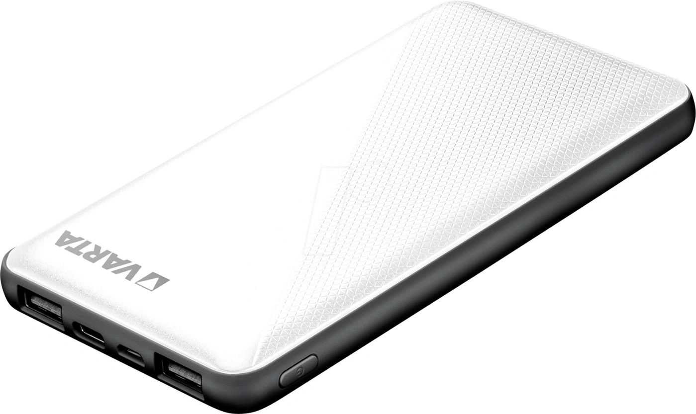 VARTA Powerbank, weiß, schwarz, rechteckig, mit Logo, USB-Anschlüssen, Ein-Aus-Taste