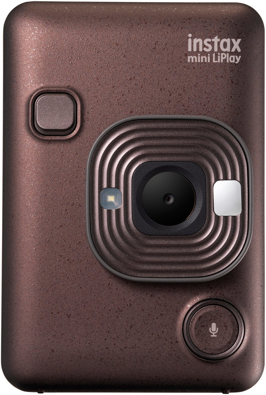 Eine Nahaufnahme einer braunen Instax Mini LiPlay Kamera mit Objektiv und Blitz.