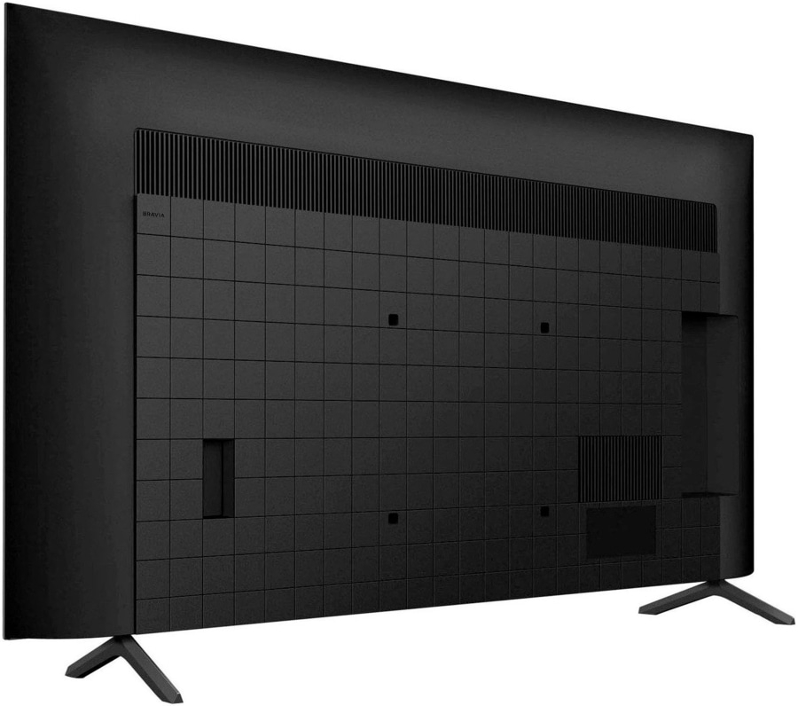 Schwarzer Fernseher, Rückseite mit quadratischem Muster, Bravia-Logo, zwei Beine.