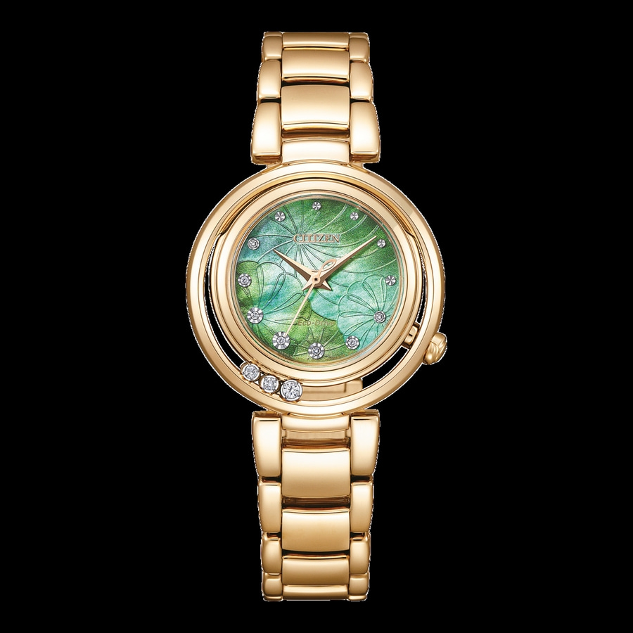 Goldene Citizen-Damenuhr mit grünem Zifferblatt und Diamanten, elegant
