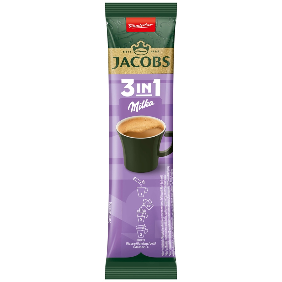 Jacobs 3in1 Milka Kaffeebeutel, Instant-Kaffee, Milka-Geschmack, Serviervorschlag, 180ml Wasser