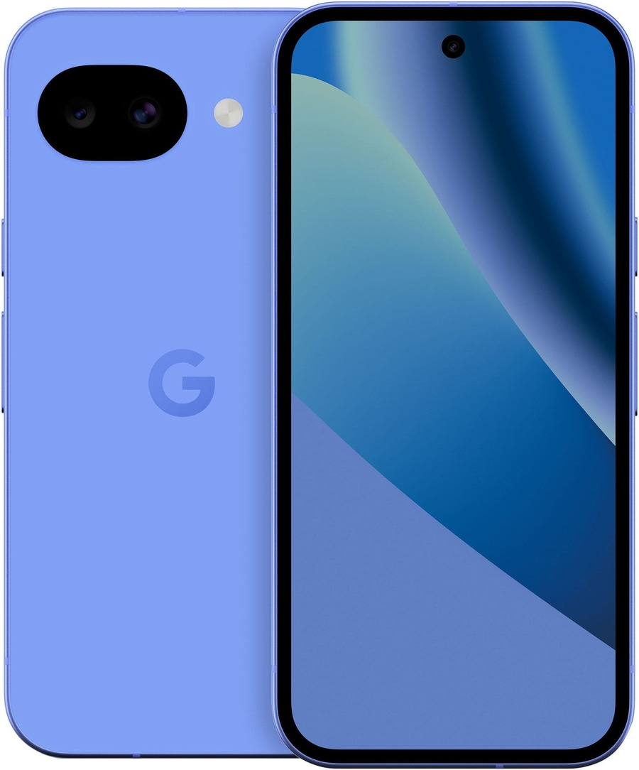 Ein blaues Google Smartphone mit zwei Kameras auf der Rückseite und einem blauen Bildschirm.