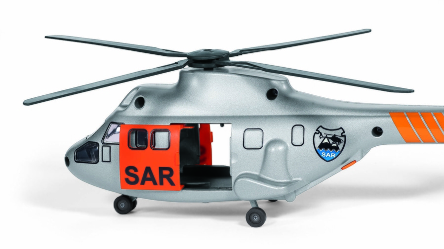 Silberner Hubschrauber mit SAR-Logo und geöffneter Tür, Spielzeugmodell