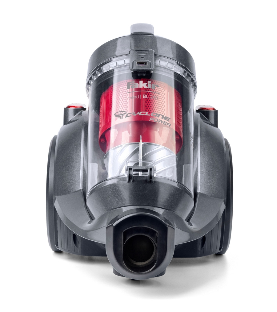 Ein grauer Zyklon-Staubsauger mit rotem Filter und silbernen Elementen