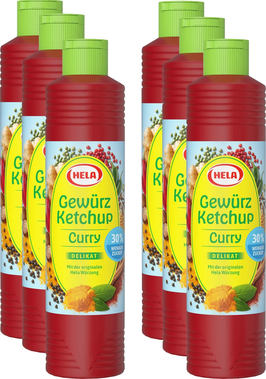 6 x Hela Ketchup Curry delikat 30% weniger Zucker Gewürzketchup 800 ml Flasche