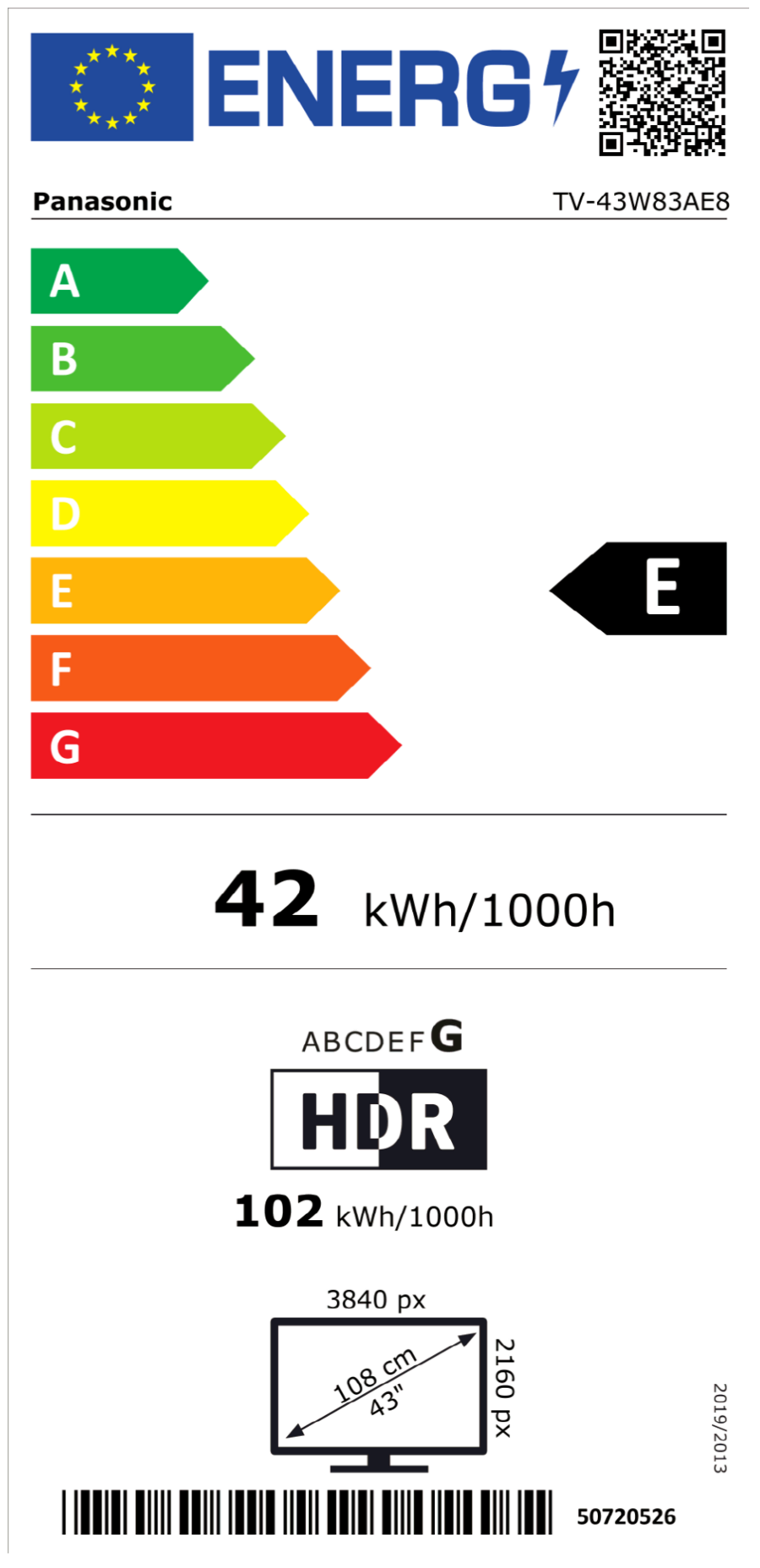 Energieeffizienzlabel für Panasonic TV-43W83AE8, Energieklasse E, 42 kWh/1000h