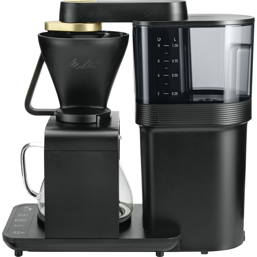 Schwarze Kaffeemaschine mit goldenen Akzenten und transparentem Wassertank, modern