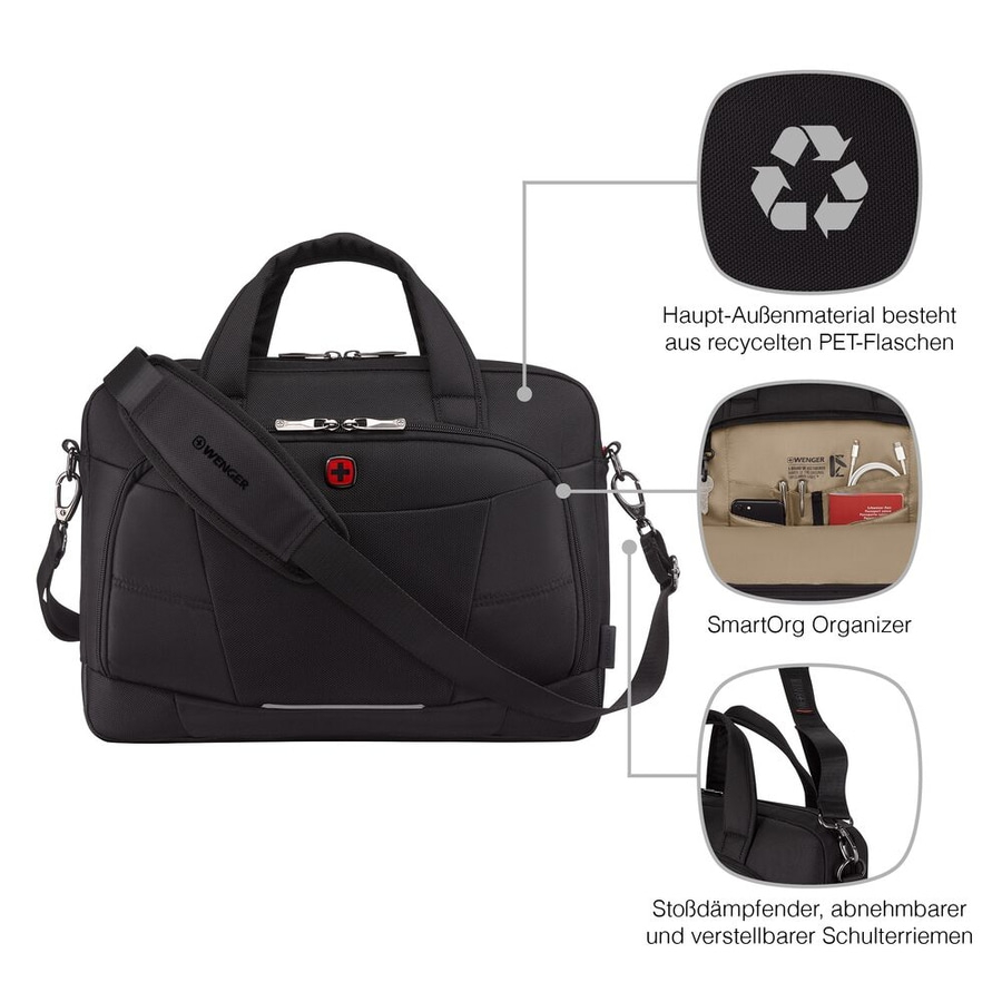 Wenger Tasche mit recyceltem Material, Organizer und Schulterriemen.