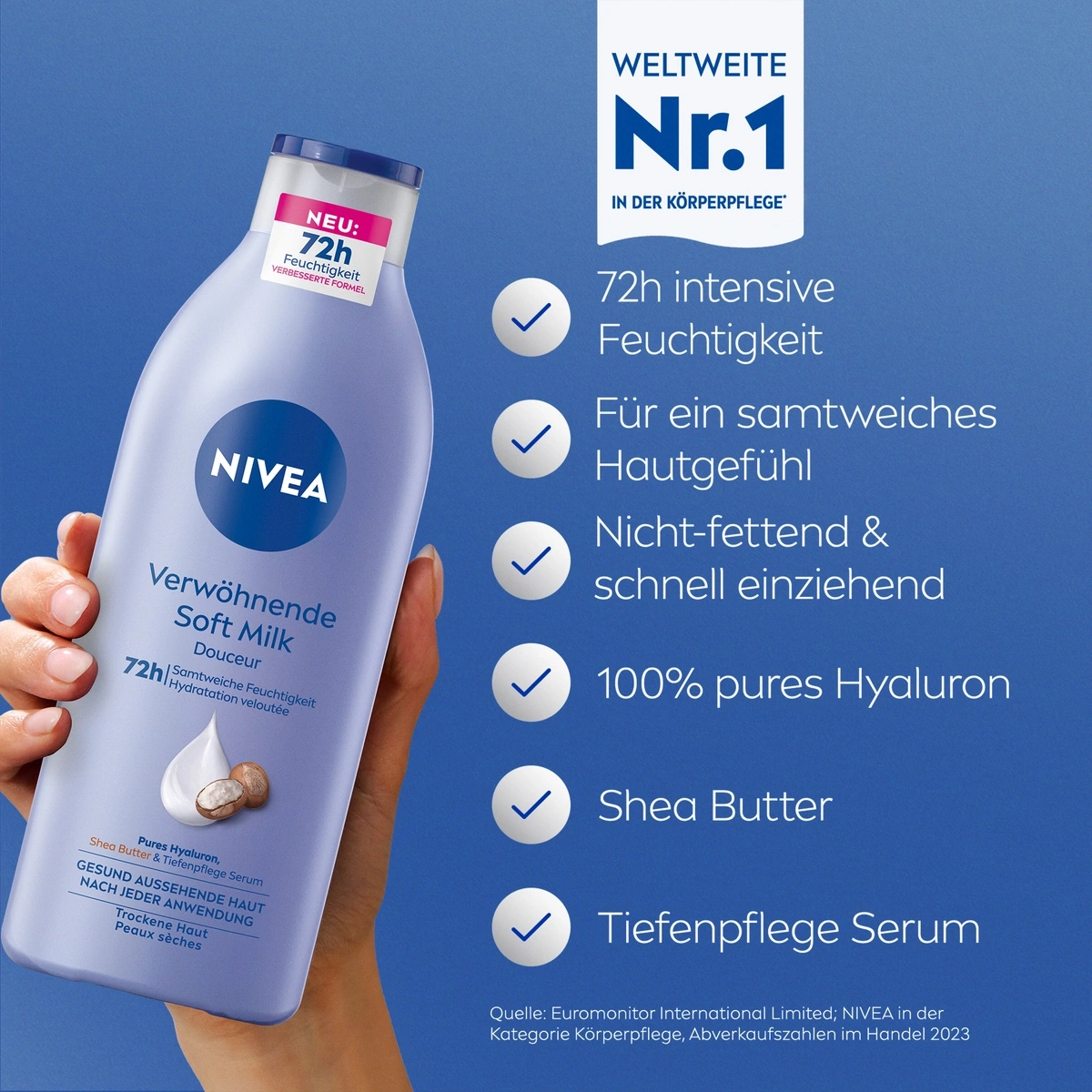Nivea Soft Milk, 72h Feuchtigkeit, Hautpflege, Shea Butter, Hyaluron, Tiefenpflege Serum