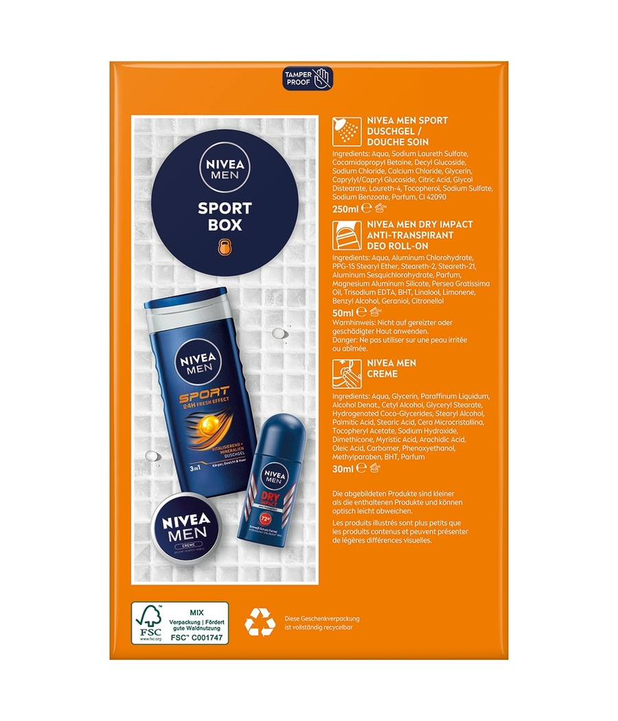 NIVEA MEN Sport Box 2 x Geschenkset, Creme Sport Pflegedusche Impact Deo Roll-on
