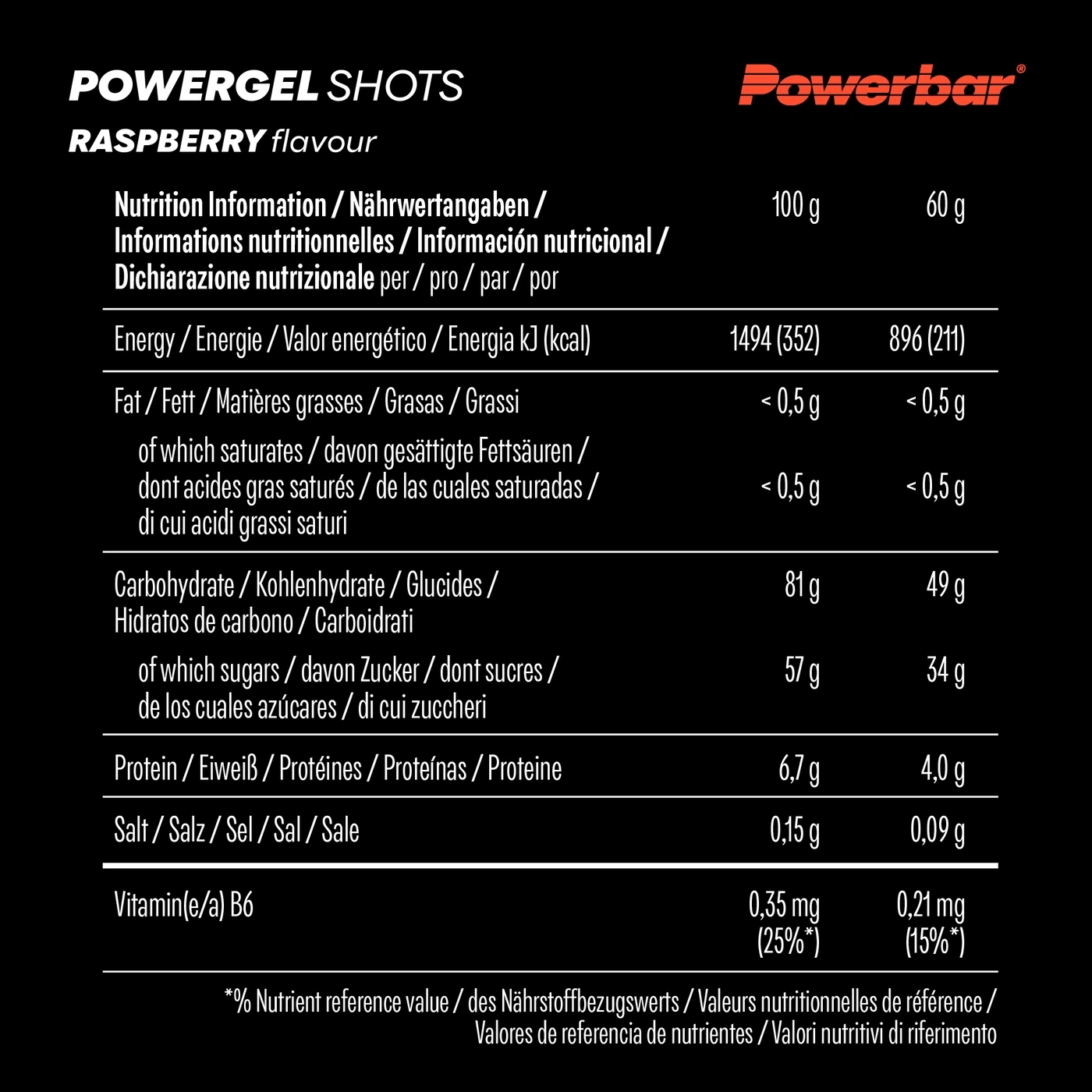 Nährwertangaben für Powergel Shots Himbeergeschmack, pro 100g und 60g.