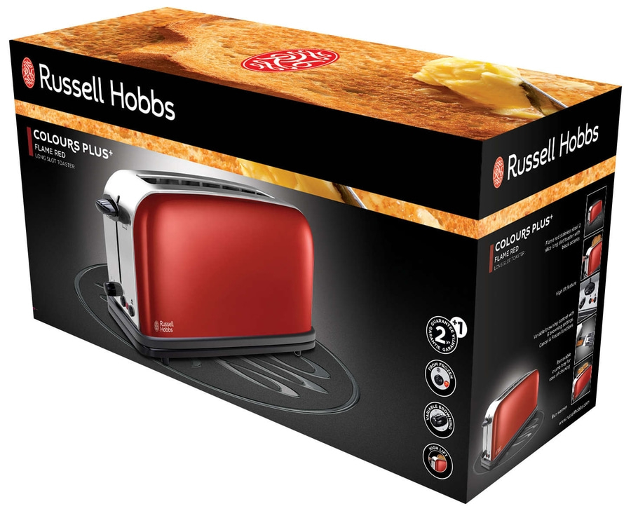 Russell Hobbs Toaster, rot, mit Funktionen wie Auftauen und Bräunungsgrad