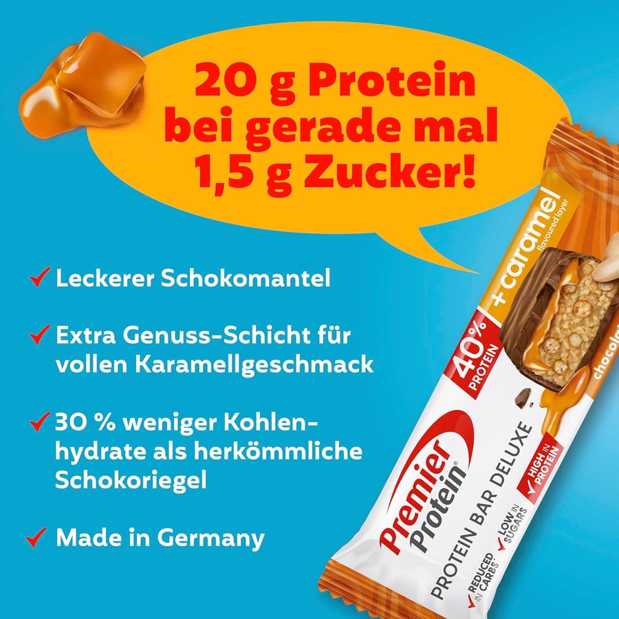 Premier Protein Riegel mit Karamellgeschmack, 20g Protein, wenig Zucker