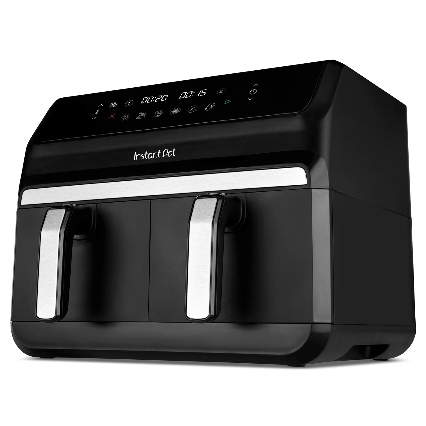 Schwarze Instant Pot Heißluftfritteuse mit zwei Körben und digitaler Anzeige.