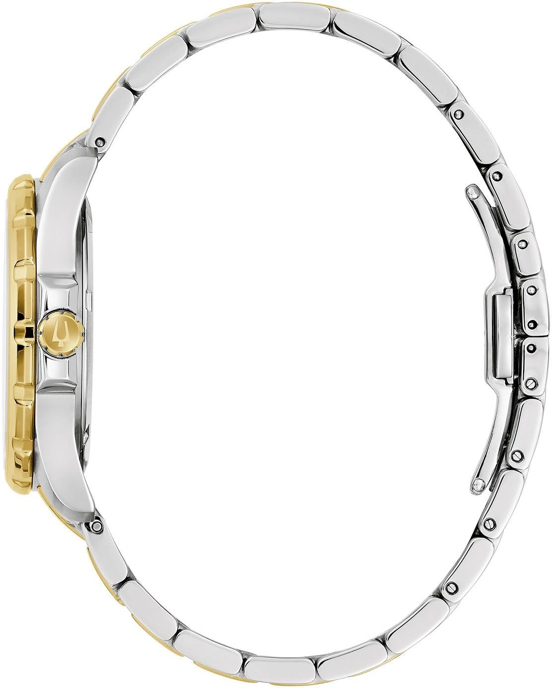 Uhr mit silbernem Armband und goldenem Gehäuse, Seitenansicht, Nahaufnahme