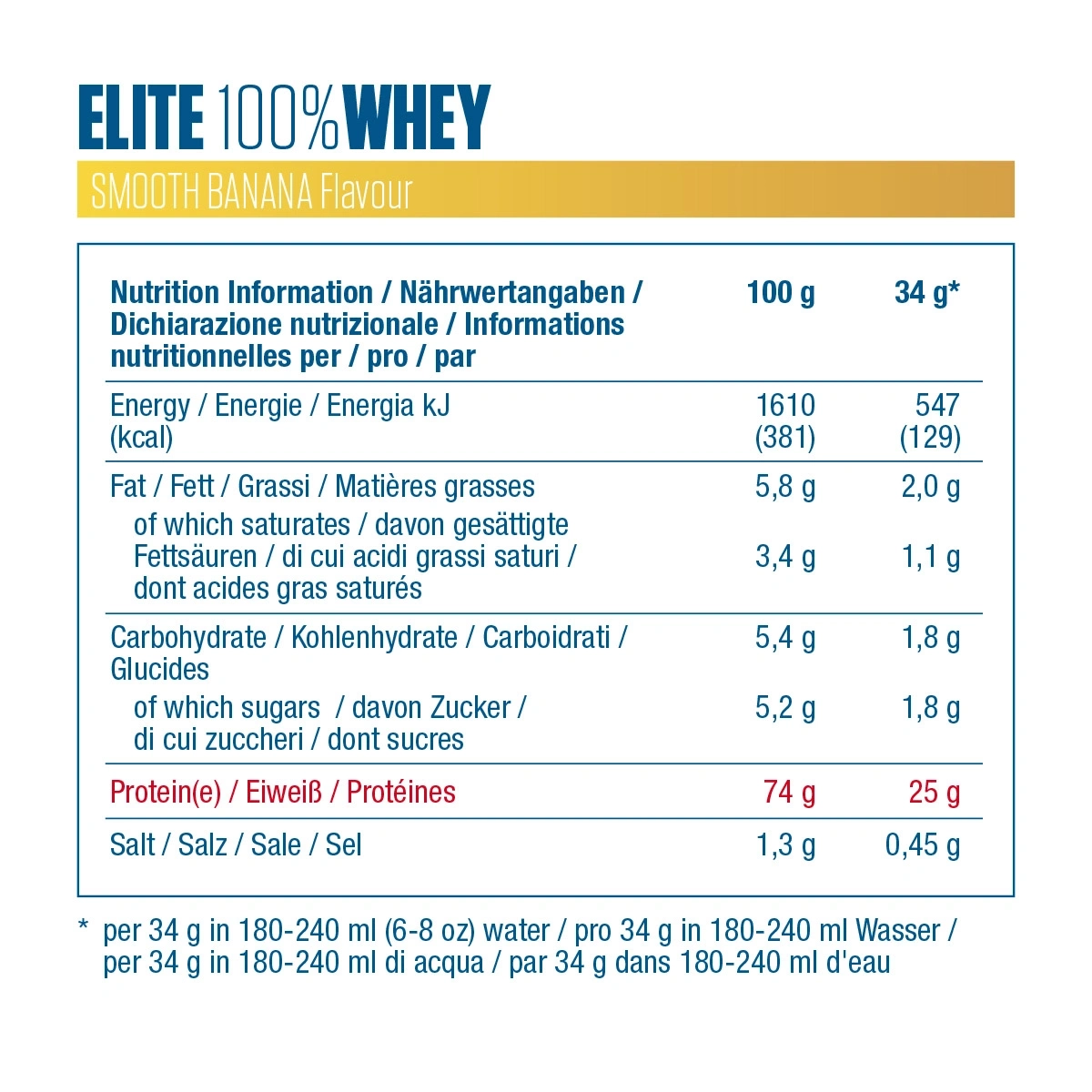 Nährwertangaben für Elite 100% Whey Smooth Banana Flavour, pro 100g und 34g Portion.