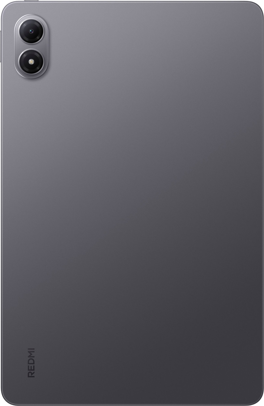Rückseite eines grauen Tablets mit zwei Kameralinsen und dem Schriftzug "REDMI".